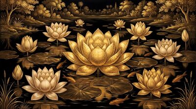 Golden Lotus on Black Velvet Canvas Painting