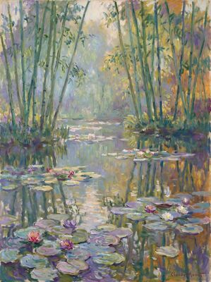Bamboo Grove Water Lilies Canvas Painting