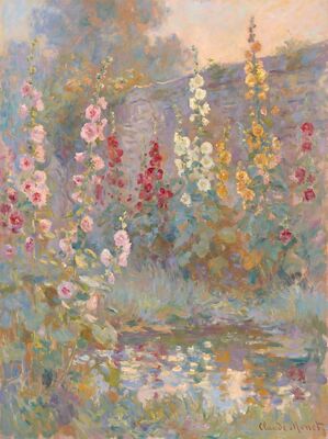 Hollyhock Row Canvas Painting
