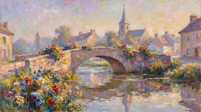 Stone Bridge Village Canvas Wall Art