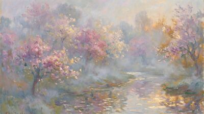 Cherry Orchard Mist Canvas Painting