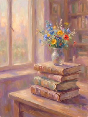 Books and Flowers Canvas Wall Art