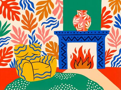 Abstract Colorful Fireplace Room Canvas Painting