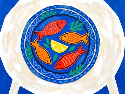 Abstract Colorful Fish on Plate Canvas Painting