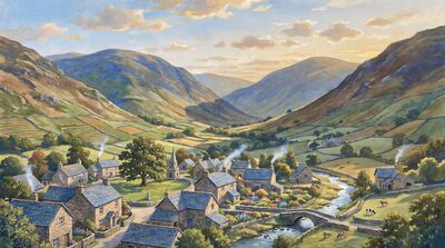 Mountain Village Protected Valley Canvas Painting