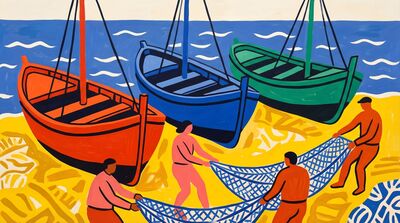 Matisse Inspired Fishermen and Boats Canvas Painting