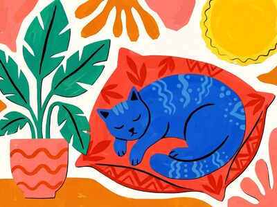 Matisse Style Sleeping Cat Canvas Painting