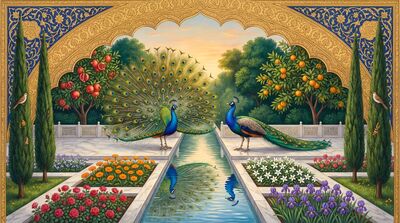 Peacocks Mughal Garden Beauty Canvas Painting