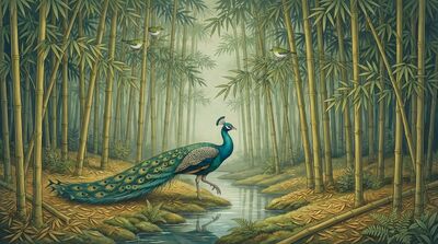 Peacock in Bamboo Grove Zen Canvas Painting