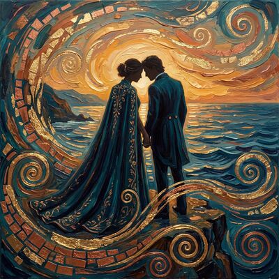 Romantic Couple Watching Sunset on Cliff Canvas Wall Art