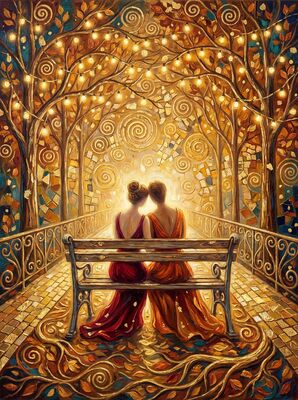 Romantic Couple on Park Bench Under Fairy Lights Canvas Wall Art