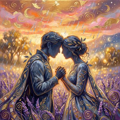 Couple Running Through Lavender Field Canvas Wall Art