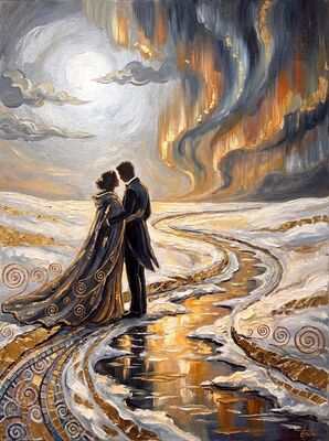 Couple Silhouette Under Northern Lights Canvas Wall Art