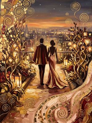 Lovers on Rooftop Garden at Dusk Canvas Wall Art