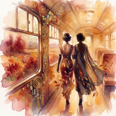 Couple on Vintage Train Journey Canvas Wall Art