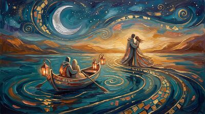 Lovers in Rowboat on Twilight Lake Canvas Wall Art