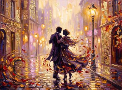Romantic Rain Dance Under City Lights Canvas Painting