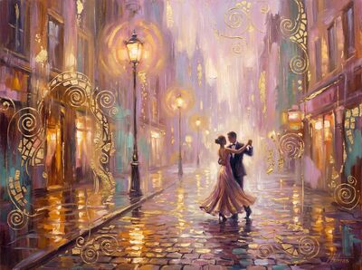 Lovers Dancing on Rainy Street Canvas Wall Art