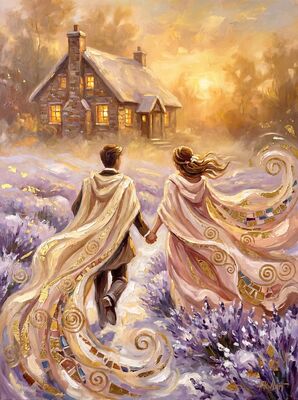 Golden Hour Lavender Field Romance Canvas Painting