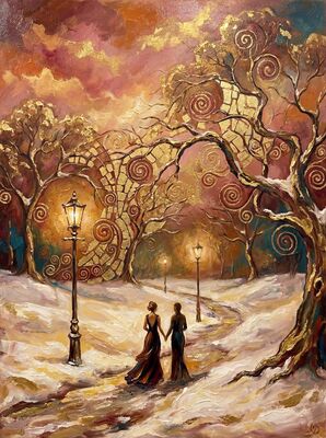 Romantic Winter Park Stroll Canvas Painting