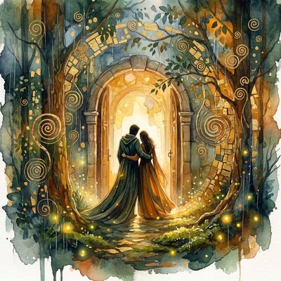 Lovers in Golden Doorway Light Canvas Wall Art