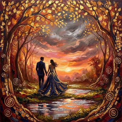 Romantic Forest Dance Under Golden Leaves Canvas Painting