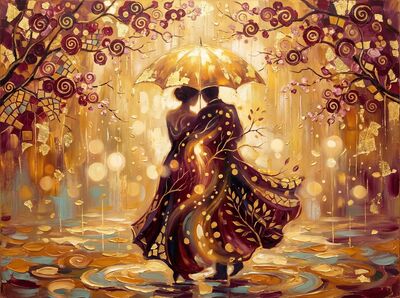 Couple Under Cherry Blossoms in Rain Canvas Wall Art