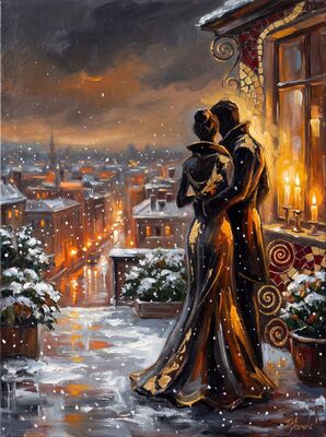 Romantic Rooftop Garden City View Canvas Painting
