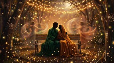 Fairy Light Romance on Park Bench Canvas Painting