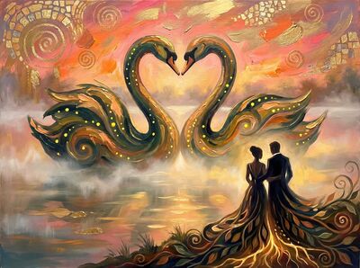 Two Swans Heart on Misty Lake Canvas Wall Art