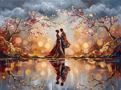 Lovers Beneath Cherry Blossom Canopy Canvas Wall Art