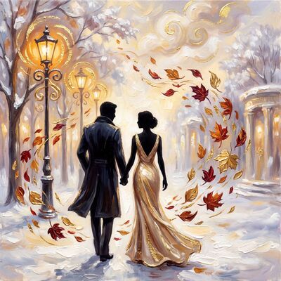 Snowy Park Walk with Glowing Lights Canvas Wall Art