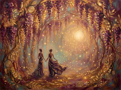 Couple Walking Through Wisteria Canvas Wall Art