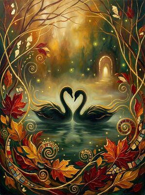 Romantic Swan Heart Lake Canvas Painting