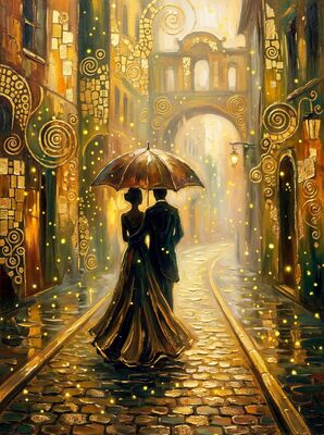 Couple on Rainy Paris Cobblestones Canvas Wall Art