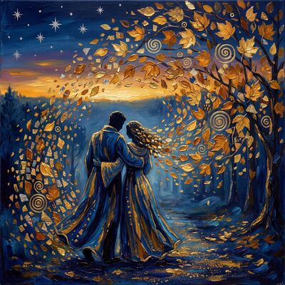 Couple in Shower of Fall Leaves Canvas Wall Art
