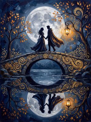 Romantic Walk on Moonlit Bridge Canvas Painting