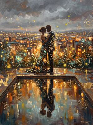 Couple in Rooftop Garden at Night Canvas Painting