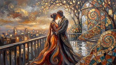 Lovers on Rooftop Garden at Dusk Canvas Wall Art