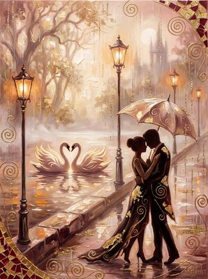 Misty Lake Swan Romance Canvas Painting