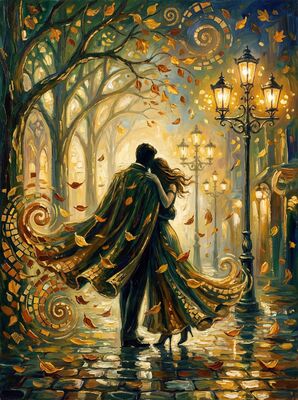 Lovers Embracing in Golden Leaves Canvas Painting