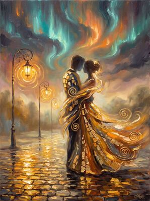Couple Beneath Aurora Borealis Canvas Painting