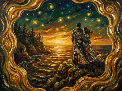 Ocean Cliff Sunset Couple Canvas Painting