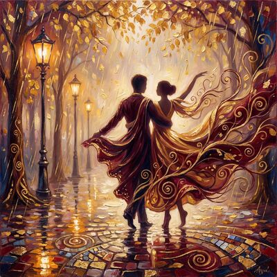 Couple Beneath Golden Leaf Canopy Canvas Painting
