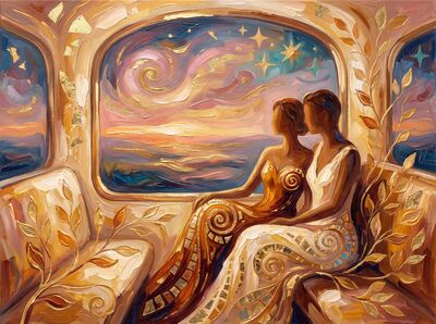 Partners on Retro Train Journey Canvas Wall Art