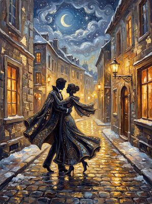 Couple in Rain with Neon Reflections Canvas Wall Art