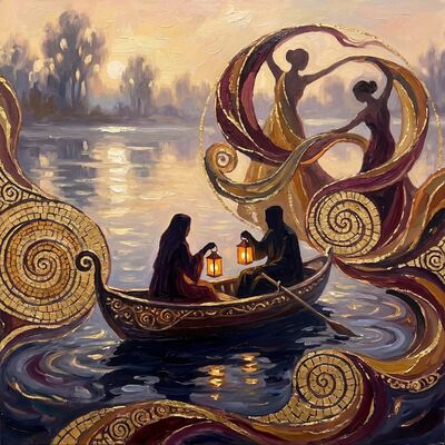 Lovers in Rowboat on Twilight Lake Canvas Painting
