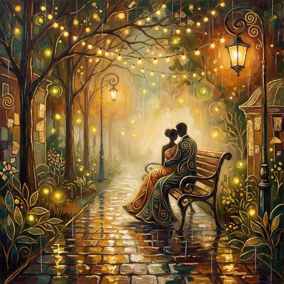 Romantic Couple on Park Bench Under Fairy Lights Canvas Wall Art