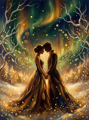 Lovers in Snow Under Aurora Canvas Painting