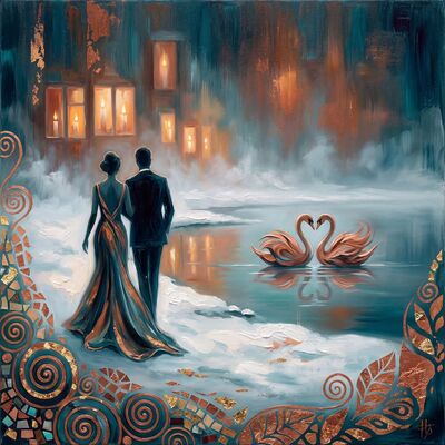 Swans in Love on Morning Lake Canvas Painting